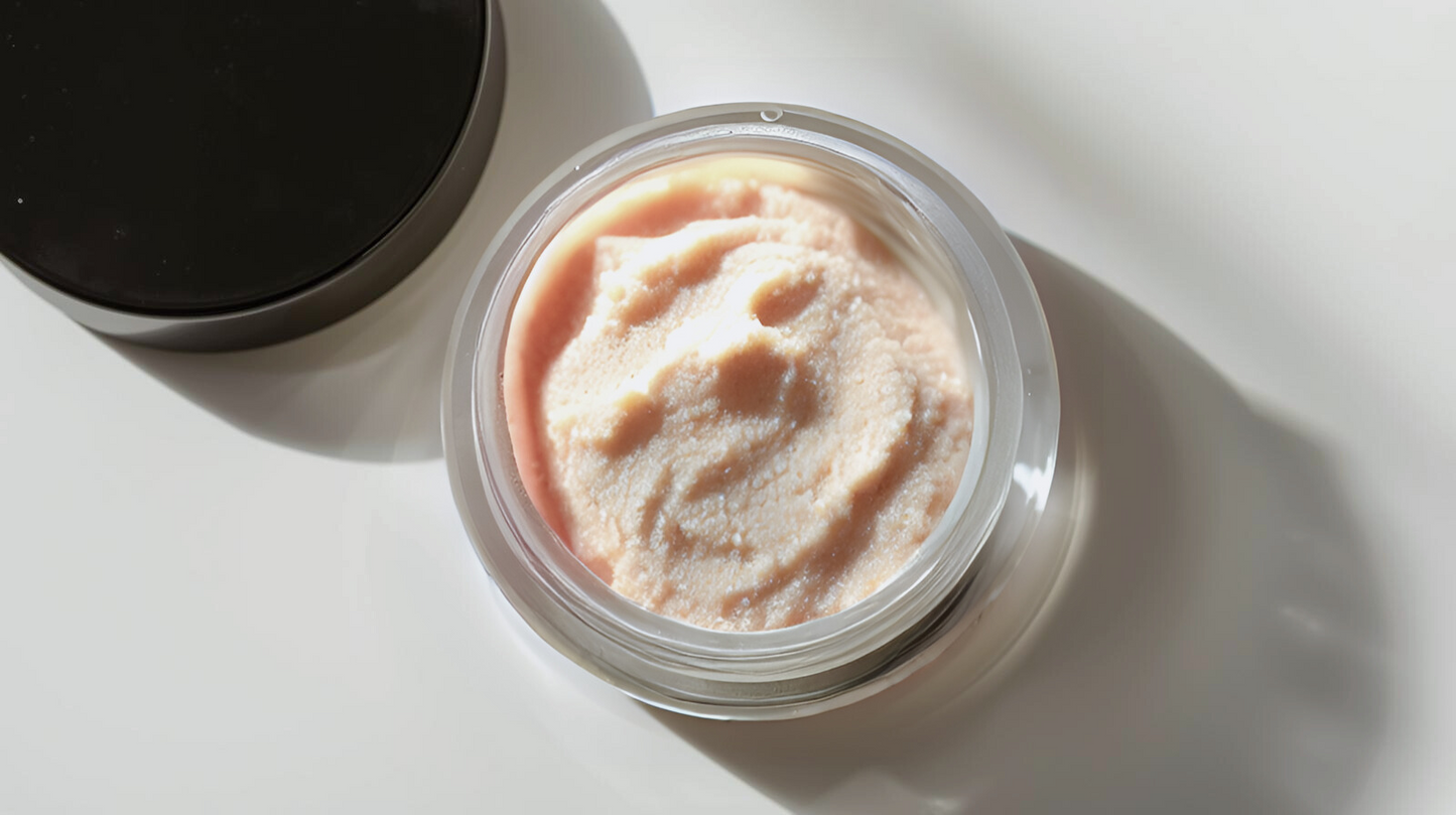 Jar of pink cream on a white surface